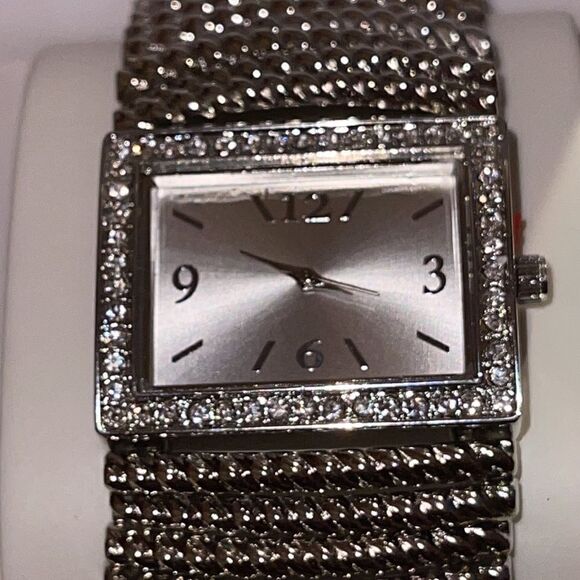 NWT Charter Club silver tone rectangle shaped stretch watch - Picture 1 of 5